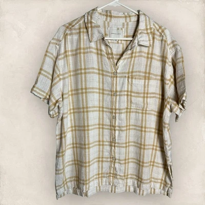 Blusa Top Grande American Eagle Boyfriend Resort Camisa Blanca Tostada A Cuadros Foto 1 de 4