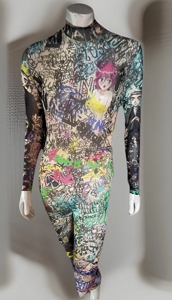 DSQUARED2 Skin Punk Mesh Bodystocking Anime & Graffitti Sz L Catsuit - Image 1 of 4