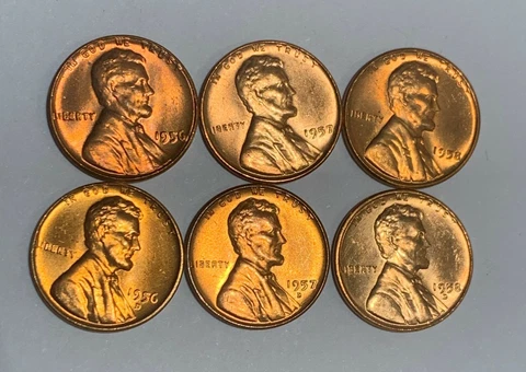 1956-1958 P & D - Lincoln Wheat Cents Penny - Gem Red Uncirculated Lot of 6 Cover
