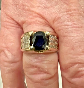 Men's Diamond & Blue Sapphire Ring 14kt Yellow Gold Size 10.5 - Picture 1 of 5
