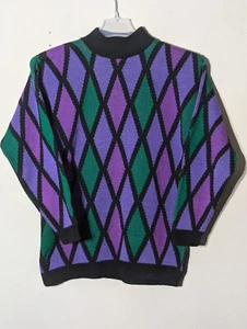 Vntg 90s Liberty Knits Sweater Diamond Argyle Stained Glass MD USA Purple Green - Picture 1 of 4