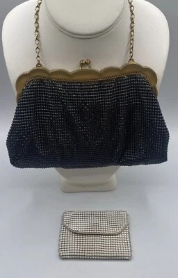 VTG WHITING & DAVIS #2924 Black/Gold Classic Mesh Bag w/Mirror & Change Purse - Image 1 of 4