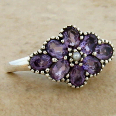 GENUINE AMETHYST PEARL VICTORIAN STYLE 925 STERLING SILVER RING             418Z - Image 1 of 4