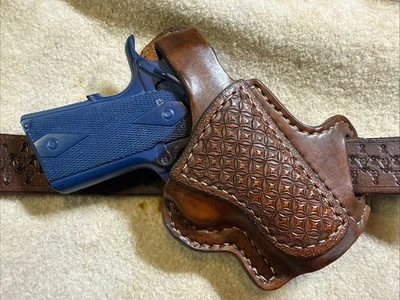 Hand Crafted RH OWB Leather Pancake Cross Draw Holster 1911 Defender Size 3” - Image 1 of 2