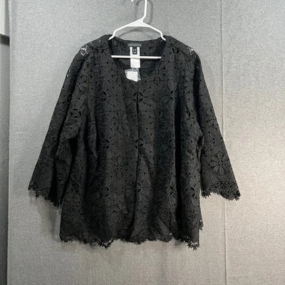 Susan Graver Occasions Crochet Lace 3/4 Sleeve Cardigan Black, Size 3X - Image 1 of 4