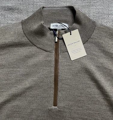 PETER MILLAR CROWN МУЖСКОЙ MERIONO ШЕРСТИ СВИТЕР КОРИЧНЕВЫЙ 1/4 МОЛНИИ ЗАМШИ ОТДЕЛКИ РАЗМЕР 2XL - Изображение 1 из 4