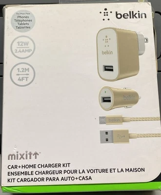 Belkin Mixit 车载和家用充电器套件 三星(其他)4 英尺线 金色 全新 — 第 1/3 张图片
