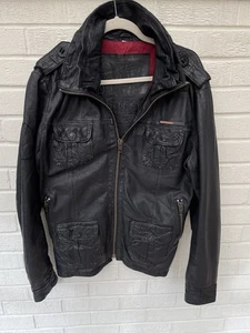 SUPERDRY Jacket Mens Large Black Brad Leather Biker Racer Motorcycle Full Zip - Picture 1 of 7