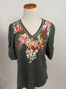 SOLITAIRE Camisa Gris Punto Bordada Cuello en V Mujer M - Imagen 1 de 3