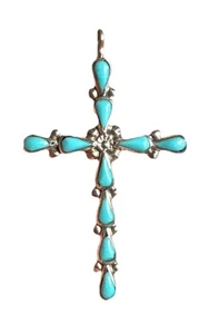Turquoise / Sterling Silver Cross Pendant Zuni Silversmith Approx 2” Long - Picture 1 of 7