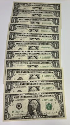 1988 (11) CRISP UNCIRCULATED ONE DOLLAR BILLS WITH SERIAL NUMBERS IN SEQUENCE - Image 1 of 3