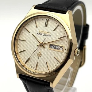 Seiko King Quartz 4823 Gold Dial Day Date Watch Black Strap Japan 37mm Vintage - Picture 1 of 11