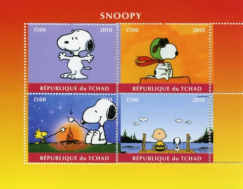 Snoopy Stamps Chad 2018 MNH Peanuts Charlie Brown Cartoons Comics 4v M/S Cover