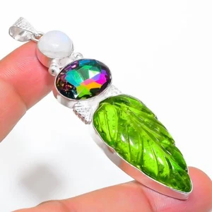 Carved Peridot & Mystic Topaz 925 Silver Plated Handmade Pendant of 2.96" - Picture 1 of 3