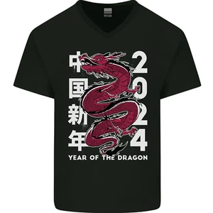2024 Zodiac Chinese New Year of the Dragon Mens V-Neck Cotton T-Shirt - Picture 1 of 37