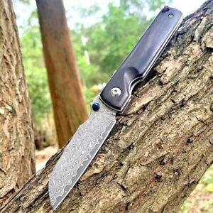 Drop Point Folding Knife Pocket Hunting Survival Tactical Damascus Steel Wood 3"