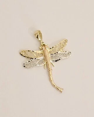 14k Solid 3 Color Gold Dragonfly Animal libélula Pendant Necklace 25x30 mm - Image 1 of 4