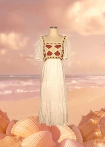 DROLE de COPINE PARIS Crochet Knit BOHO Prairie Dress White Rust Orange Green - Picture 1 of 14