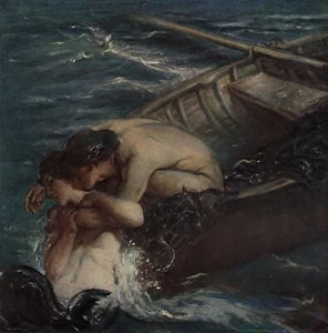 Intensiver CHARLES SHANNON antiker Farbdruck "Mermaid & the Fisherman" GERAHMT COA - Bild 1 von 2