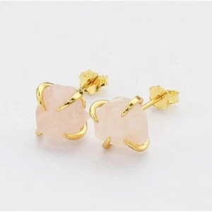 Rose Quartz Stud Earrings Gemstone & Gold Studs Pink Earrings Dainty Earrings - Picture 1 of 10