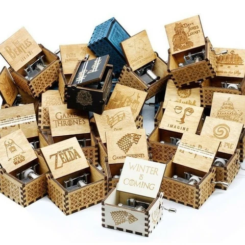 Retro Wooden Music Box Antique Hand Crank Engraved Toys Kids Birthday Gift Xmas Cover