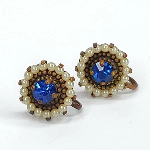 Blue Rhinestone Faux Pearl Earrings Screwback 5/8" Vintage - Picture 1 of 4