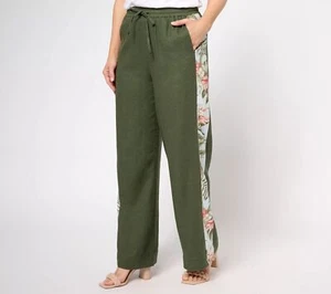 Denim & Co. Naturals Regular Linen Blend Pants Dark Olive L New - Picture 1 of 2