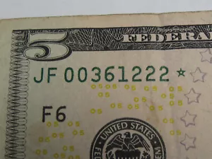 Circulated 2009 $5 FRN Star Note JF00361222* - #11107-37 - Picture 1 of 3