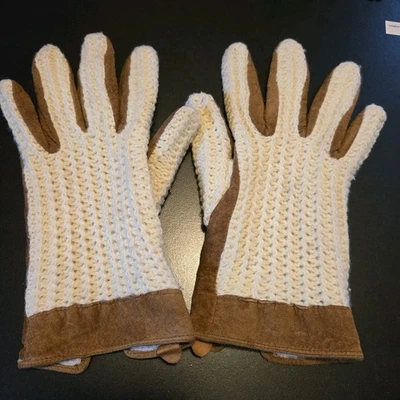 Guantes vintage para mujer de cuero marrón y beige tejido a ganchillo talla mediana/grande Foto 1 de 4
