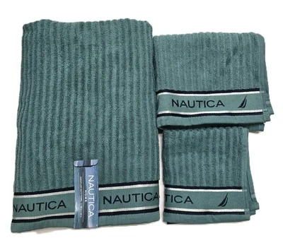 NAUTICA SIGNATURE TEAL GREEN STRIPES COTTON BATH,HAND OR WASHCLOTH TOWEL - Image 1 of 4