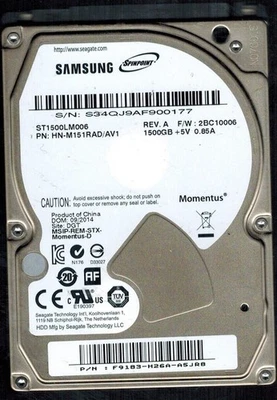 ST1500LM006 P/N: HN-M151RAD/AV1 S/N: S34QJ 2BC10006 SAMSUNG 1.5TB CHINA SEP 2014 - Image 1 of 2