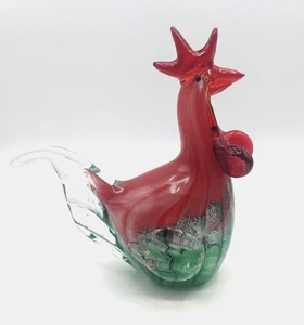 Blown Art Glass Rooster Chicken Paperweight Figurine Red Green Murano Style 8" - Picture 1 of 6