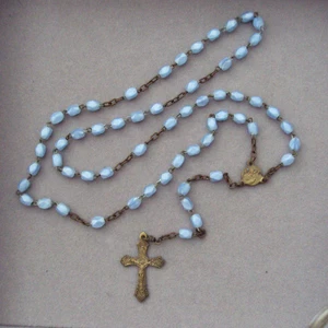 VINTAGE DELICATE BLE GLASS BEADED ROSARY ROMA #VE - Picture 1 of 3