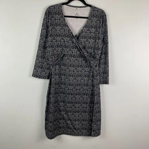 prAna Faux Wrap Twist Front V Neck Dress Womens Large Gray 3/4 Sleeves - Picture 1 of 10