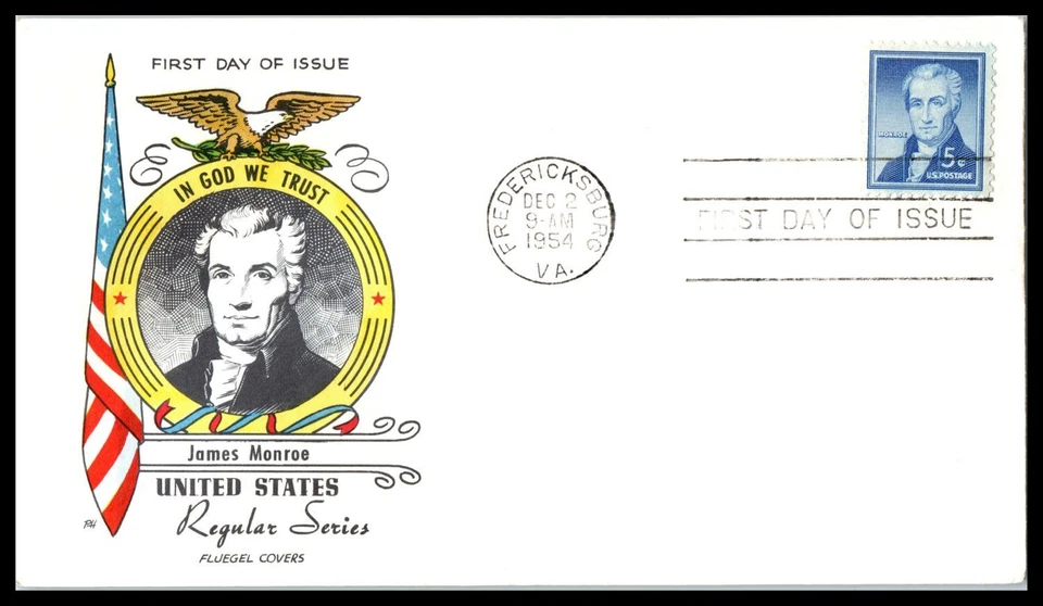 1954 James Monroe 5c Sc 1038 sheet stamp FDC with premium Fluegel cachet (J09 - Image 1 of 1