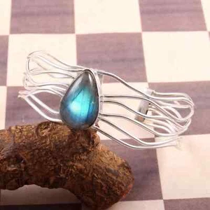 925 Sterling Silver Natural Labradorite Gemstone Handmade Jewelry Cuff Bracelet - Picture 1 of 2