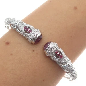 925 Sterling Silver Real Round & Oval-Cut Ruby White Topaz Bangle Bracelet 7.5" - Picture 1 of 9