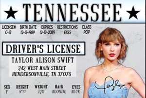 Taylor Swift Drivers License on a 3.4” x 2.2” Laminated ID Card. - Picture 1 of 2