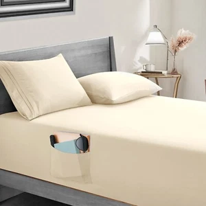Twin Beige Percale Turkish Cotton Fitted Sheet with Side Pocket - Picture 1 of 5