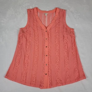 Cato EUC Sheer Lace Lined Tank Top Size Large Coral Silver Button Travel Beach - Picture 1 of 8