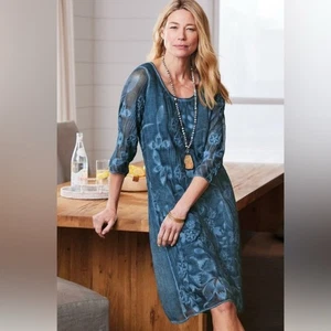 Soft Surroundings Starling Silk Dress Mallard Blue Floral Embroidered Lace Midi - Picture 1 of 12