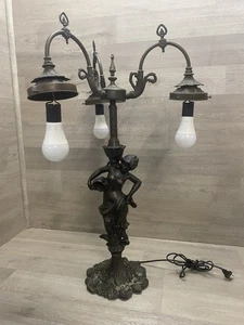 BEAUTIFUL ART NOUVEAU STYLE BRONZED METAL LADY FIGURAL 3 ARM TULIP LAMP GIM 1972 - Picture 1 of 20