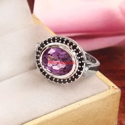 Natural Amethyst & Black Spinel With White Gold Plated Silver Women's Ring #1196 Foto 1 de 4