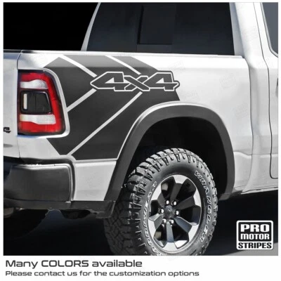Dodge RAM 1500 Rebel 2019-2023 cuarto de platón trasero calcomanía 4x4 rayas (elige el color) Foto 1 de 2