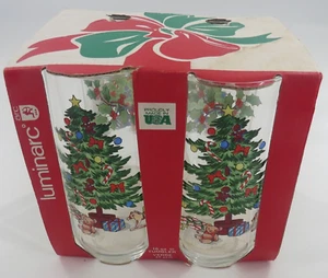 SET of 4 VTG Christmas Glasses/Tumblers Luminarc NOEL 1992 Tree/Holly 16 OZ - Picture 1 of 6