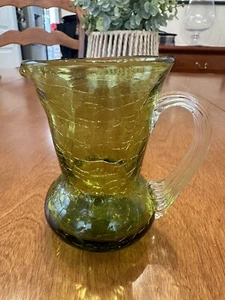 Pilgrim Brand Hand-blown Avocado Green Crackle Glass Pitcher, Vintage MCM - Picture 1 of 10