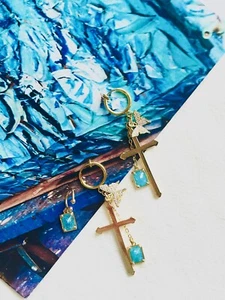 Long Cross Crystals Butterfly Aqua Blue Sapphire Cuff Drop Clip Earrings Gold - Picture 1 of 7