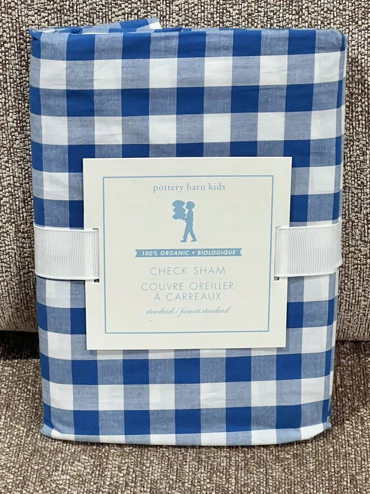 NUEVO Pottery Barn Kids Orgánico Náutico Azul/Blanco Cuadros Fundas Estándar para Edredón Foto 1 de 1
