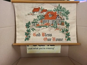 Vintage "God Bless Our Home" Cloth Sign W/ Wooden Rods - Picture 1 of 4