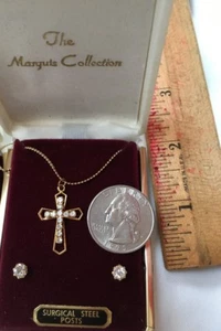 Cross Pendant Necklace & Studs Jewelry Gift Set  or Heart Pin Holiday Gifts  - Picture 1 of 9